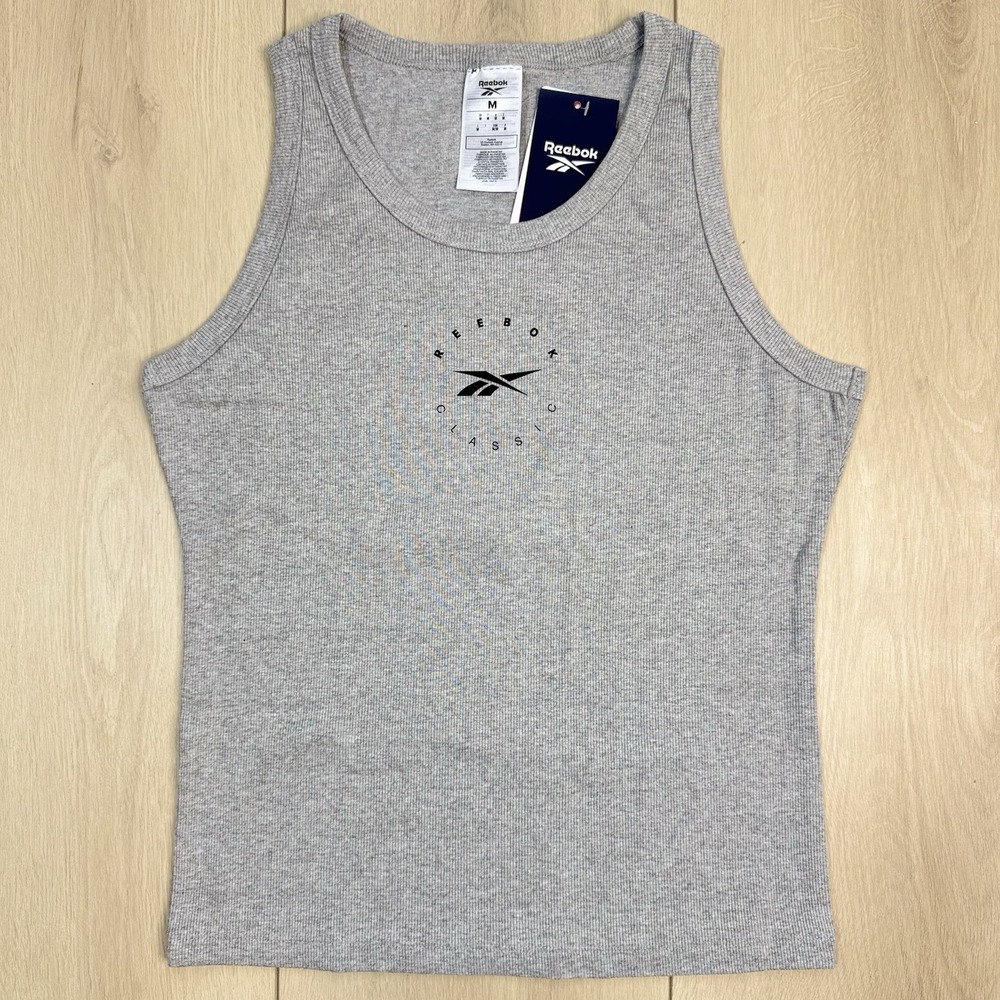 Reebok Classic Women's Gray Ribbed Tank Top‎ M Q3 IDE Training Logo NWT Gym